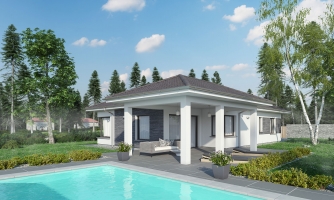 Bungalow avec grande terrasse couverte.